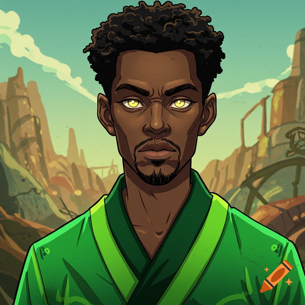Cartoon portrait of a dark-skinned man with yellow eyes and curly hair wearing green robes against a rocky landscape.