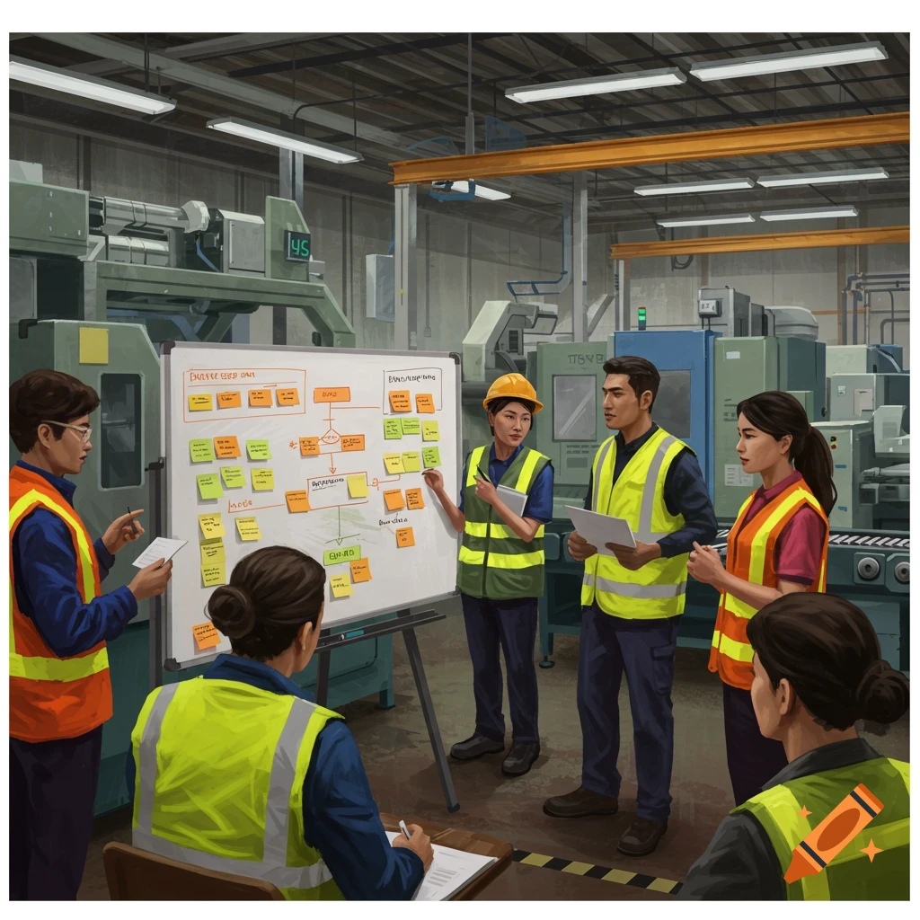 Diverse workers in a factory discussing a diagram on a whiteboard.