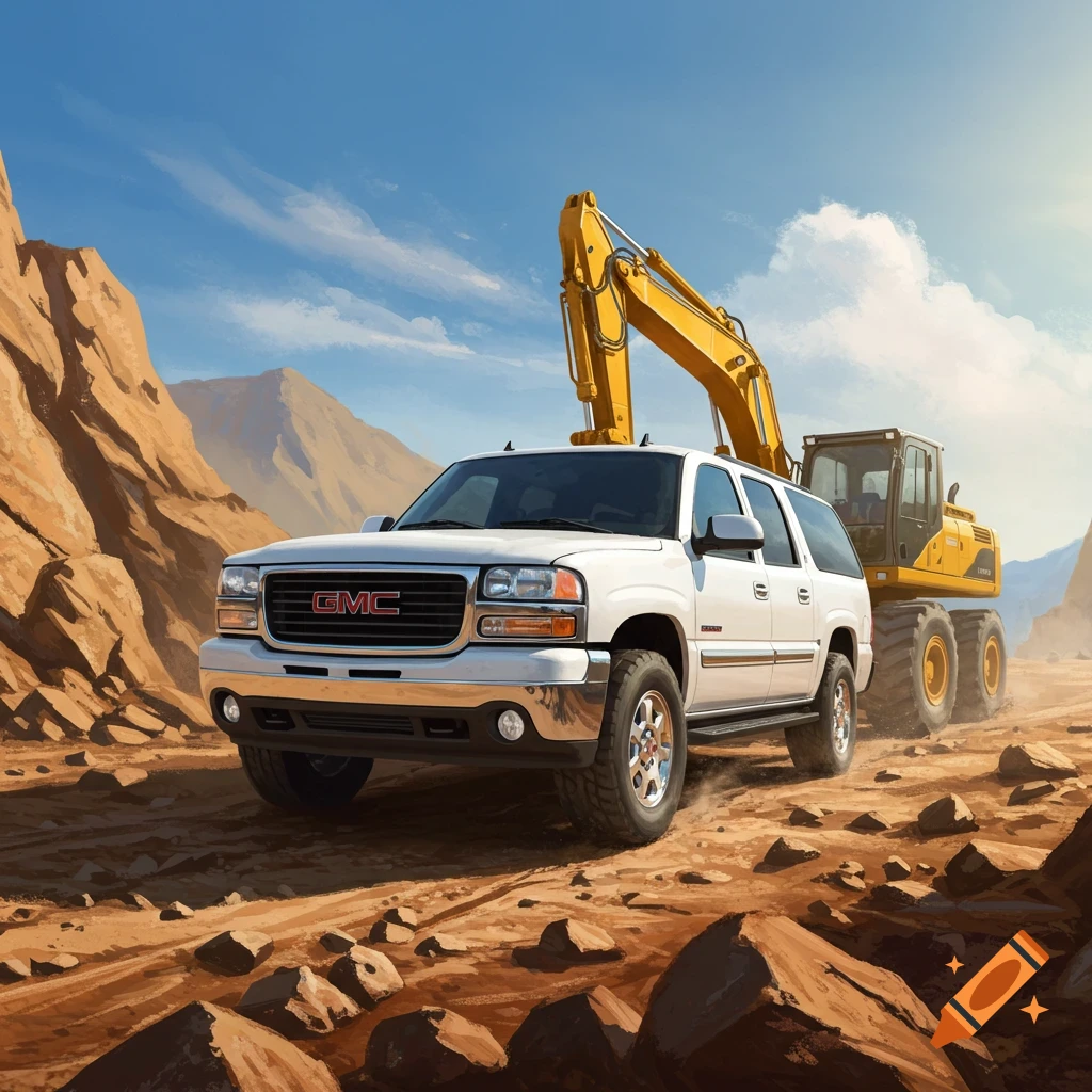 White GMC Yukon SUV and yellow excavator on rocky terrain under a blue sky.