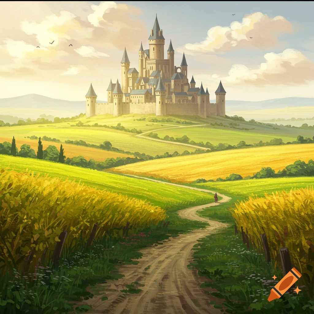 A castle on a hill overlooking green and yellow fields with a winding path leading towards it.