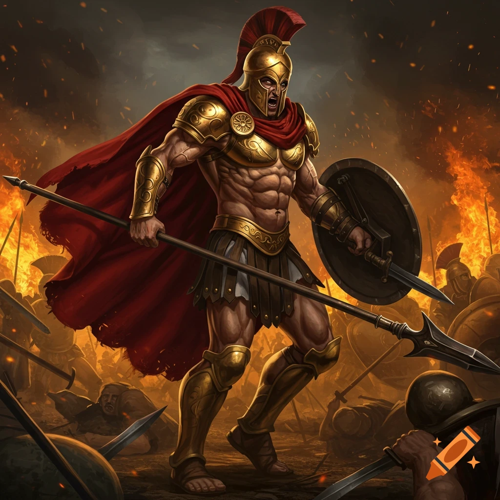 A muscular warrior in gold armor and red cape holds a spear and shield amidst a chaotic battle with fire.