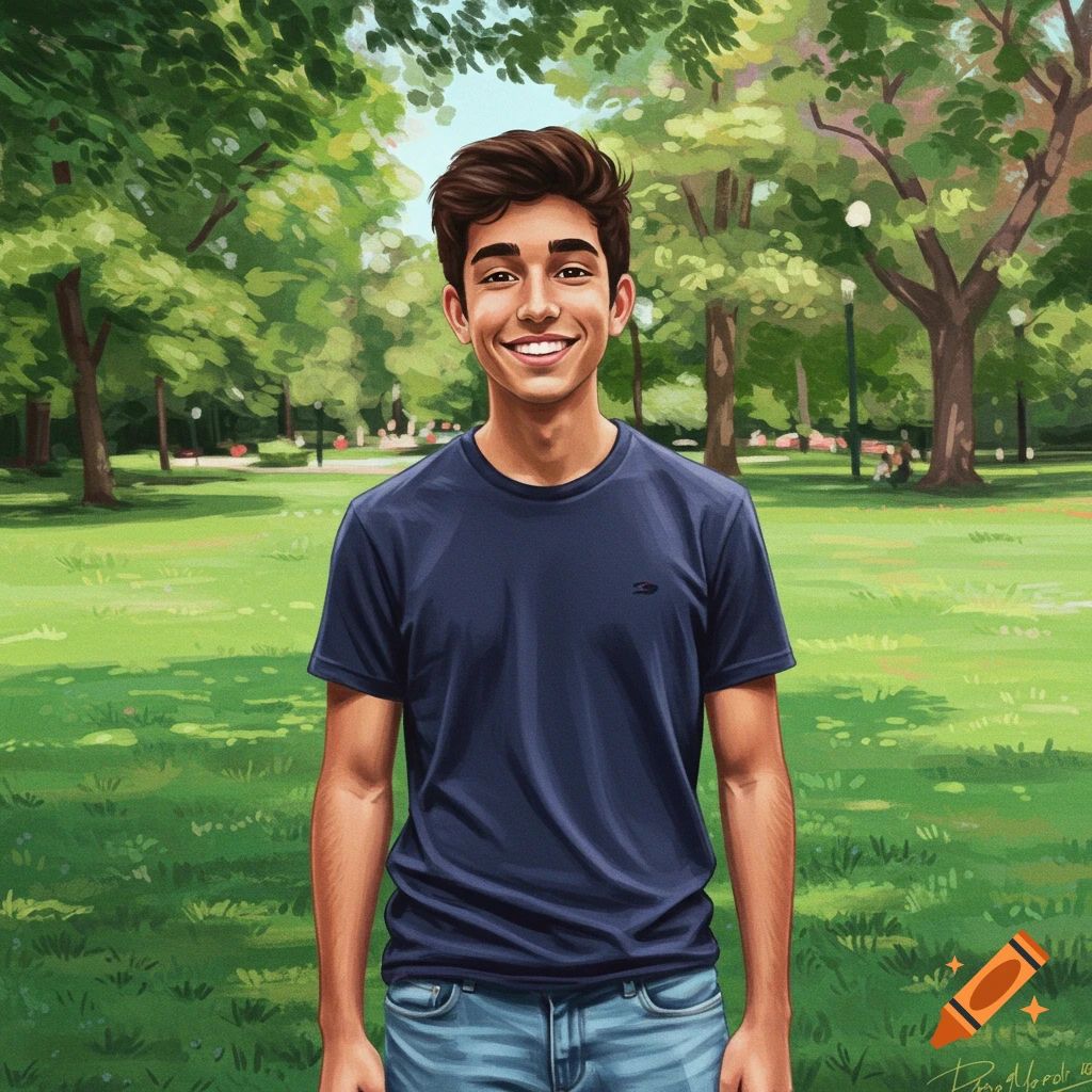 A young man smiling in a park