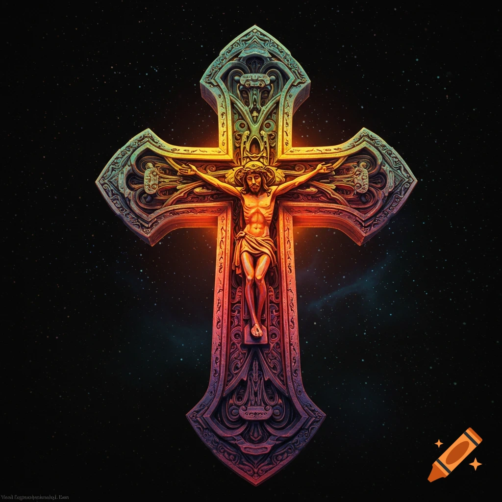 An ornate crucifix with the figure of Jesus against a starry background.