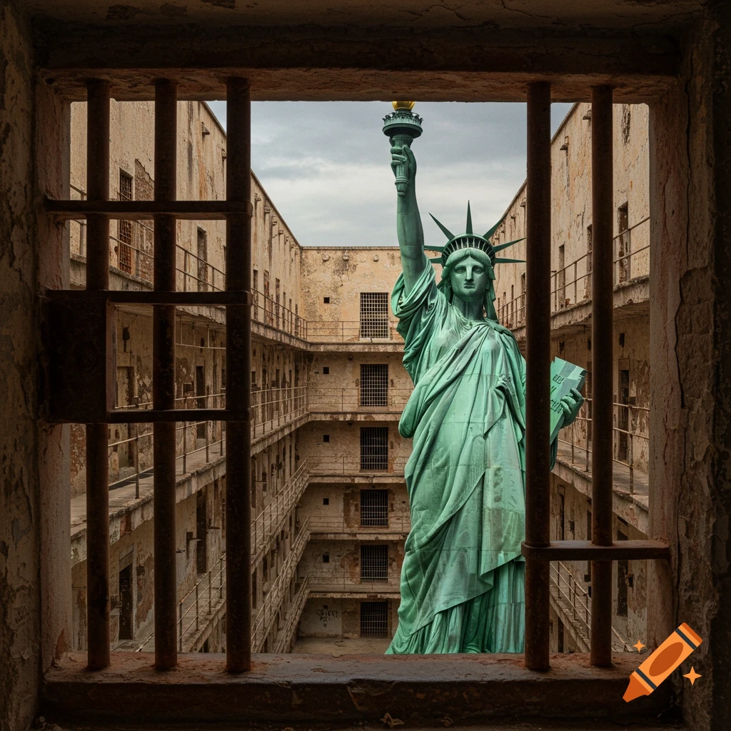The Statue of Liberty stands in a large, multi-story prison courtyard, viewed through cell bars.