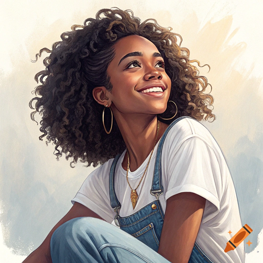 Illustration of a young woman with curly hair, smiling and looking up, wearing overalls.