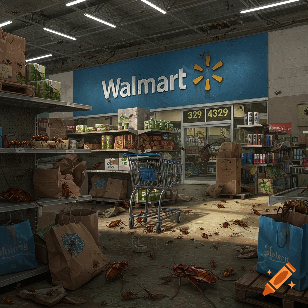 A dirty Walmart store interior is infested with cockroaches and other insects.  A shopping cart sits near messy shelves.