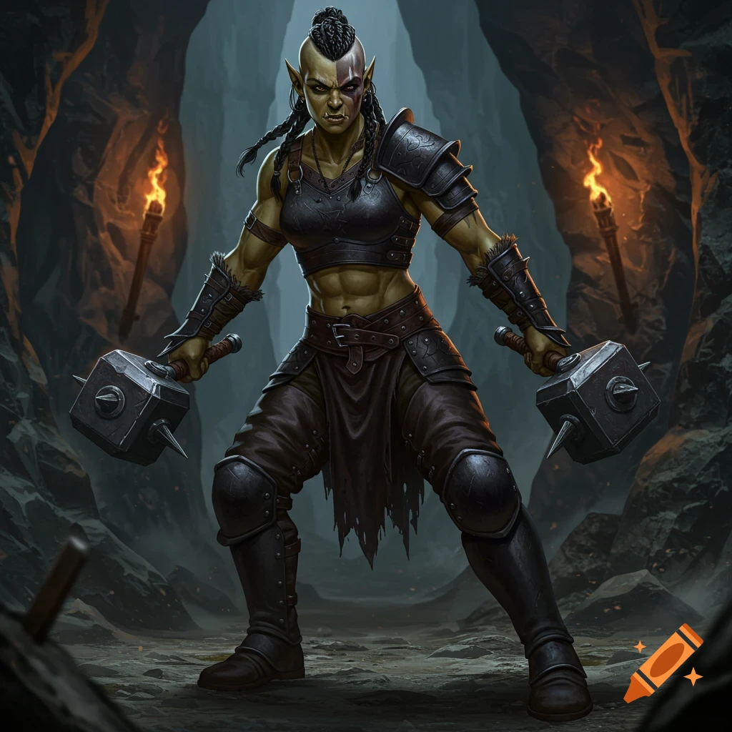 A female half-orc warrior in leather armor stands in a cave holding two war hammers. Fantasy art.