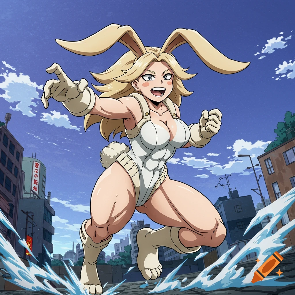 Anime style depiction of Miriko from My Hero Academia running in a city