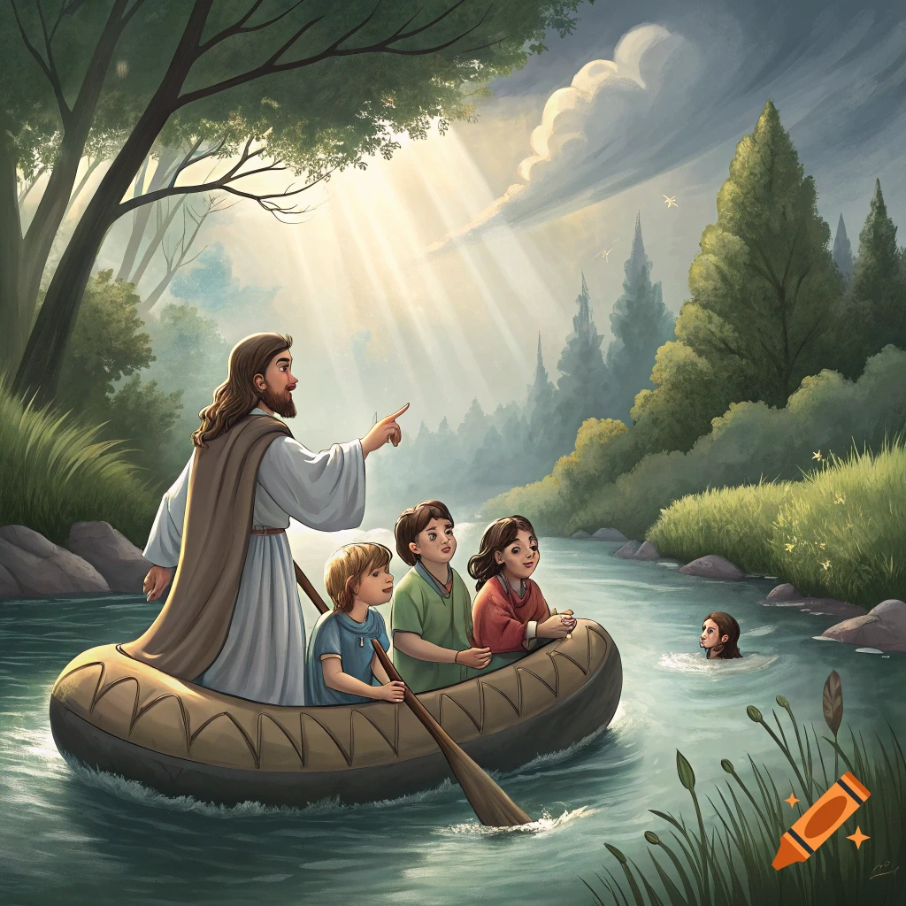 Illustration of Jesus on a river raft with three children, pointing, while another person is in the water.