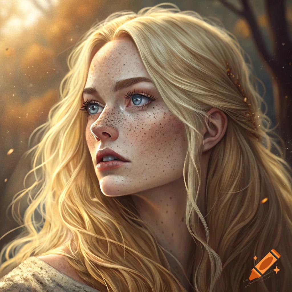 Close-up portrait of a blonde woman with blue eyes and freckles looking up, painterly style.