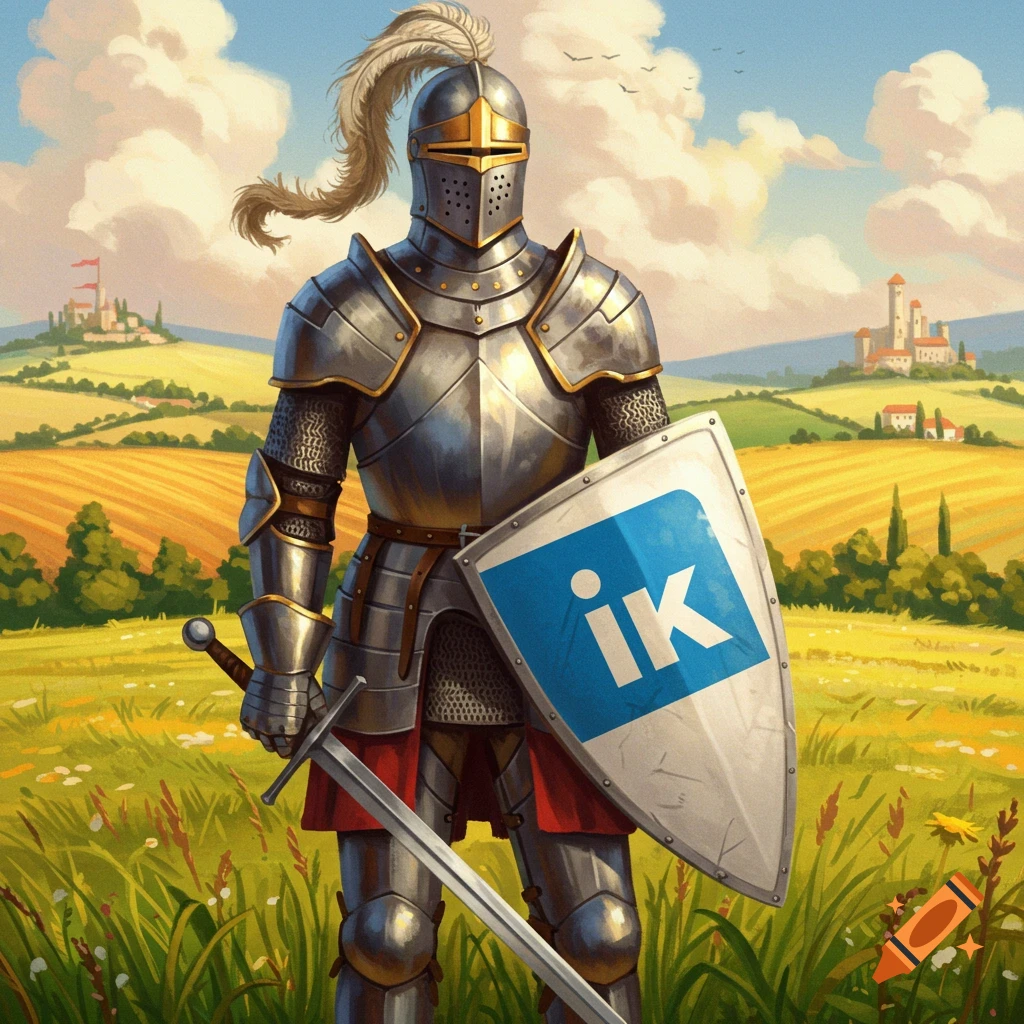 A knight in shining armor stands in a field, holding a sword and a shield with a logo.