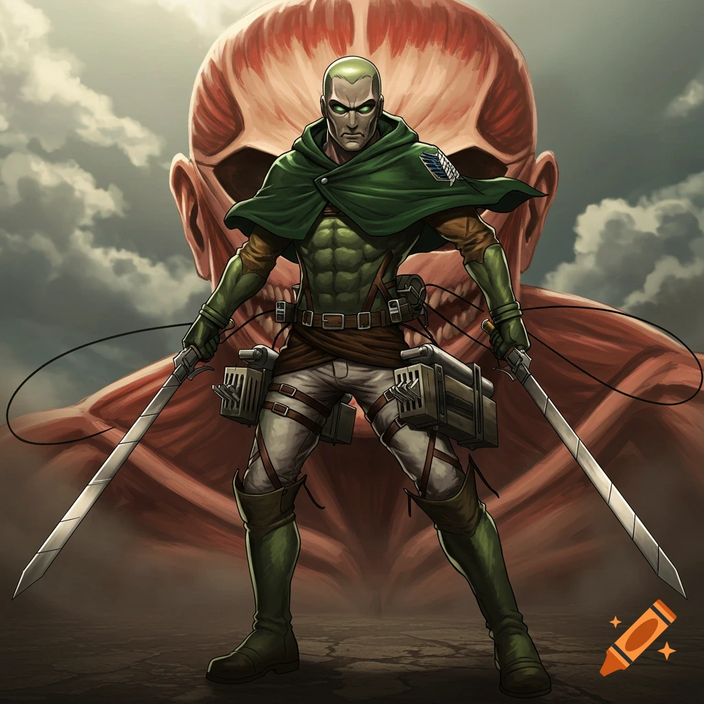 Doomslayer in Attack on Titan gear stands with swords before a colossal titan in anime style