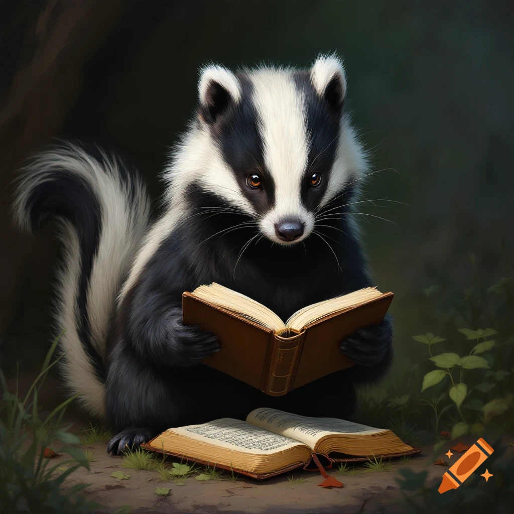 A badger sits in a forest clearing reading a book.