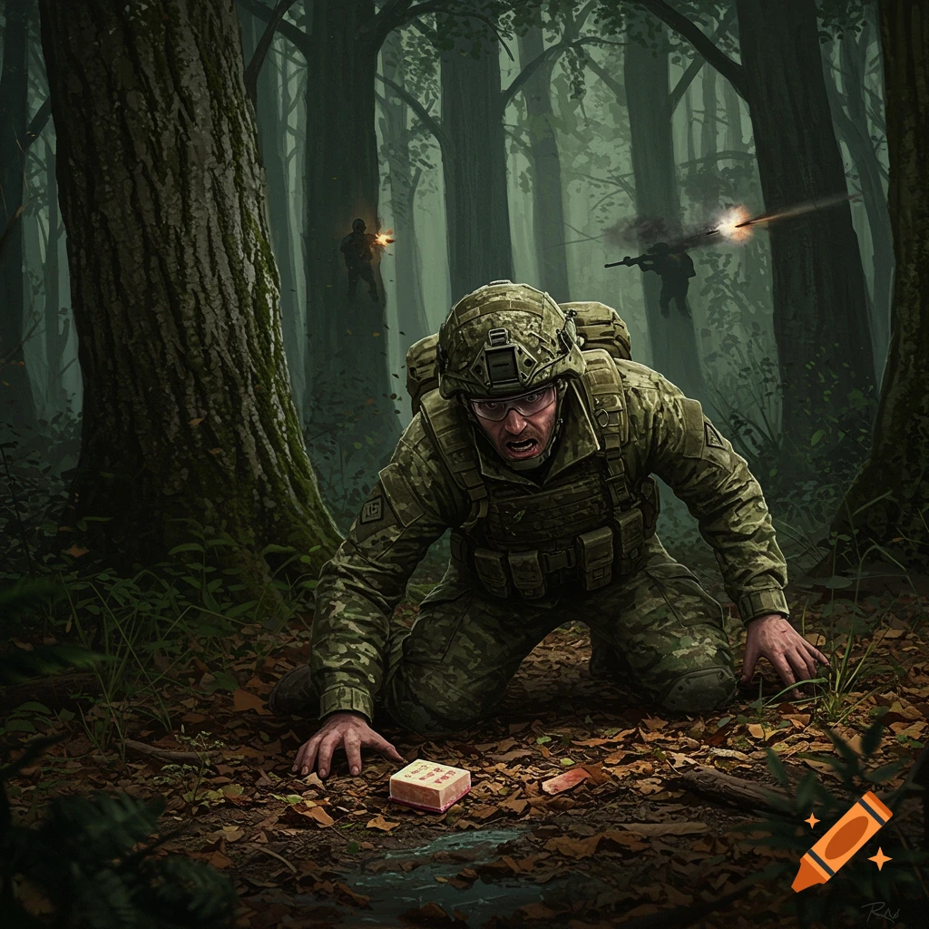 A soldier kneels in a forest under fire, looking at an object on the ground.