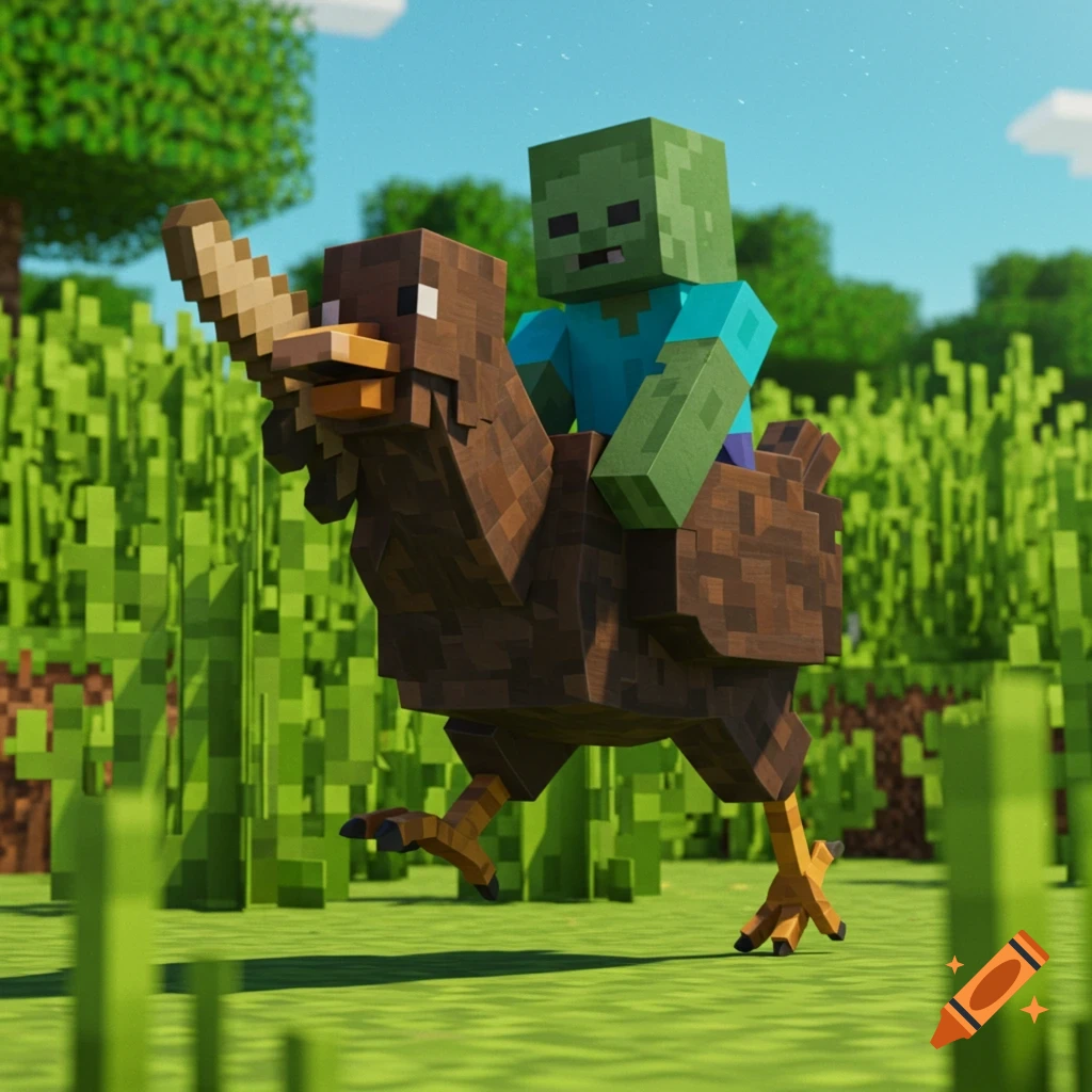 A blocky zombie rides a brown blocky bird through tall green grass in a Minecraft-style forest.