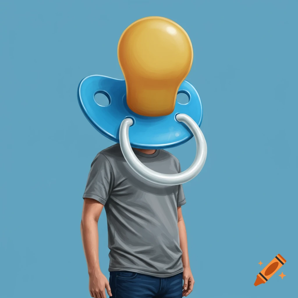 A person with a pacifier for a head.