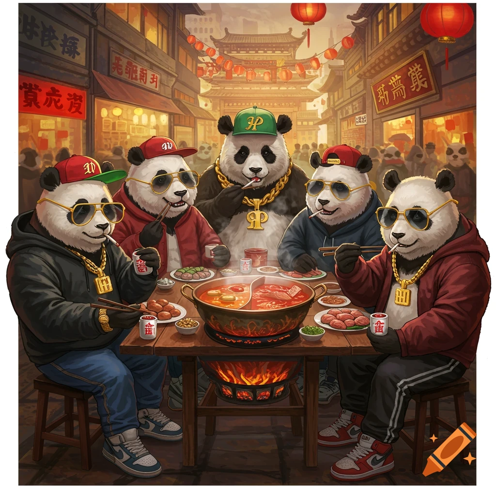 Hip hop pandas eating hot pot, drinking Maotai, and smoking cigarettes ...