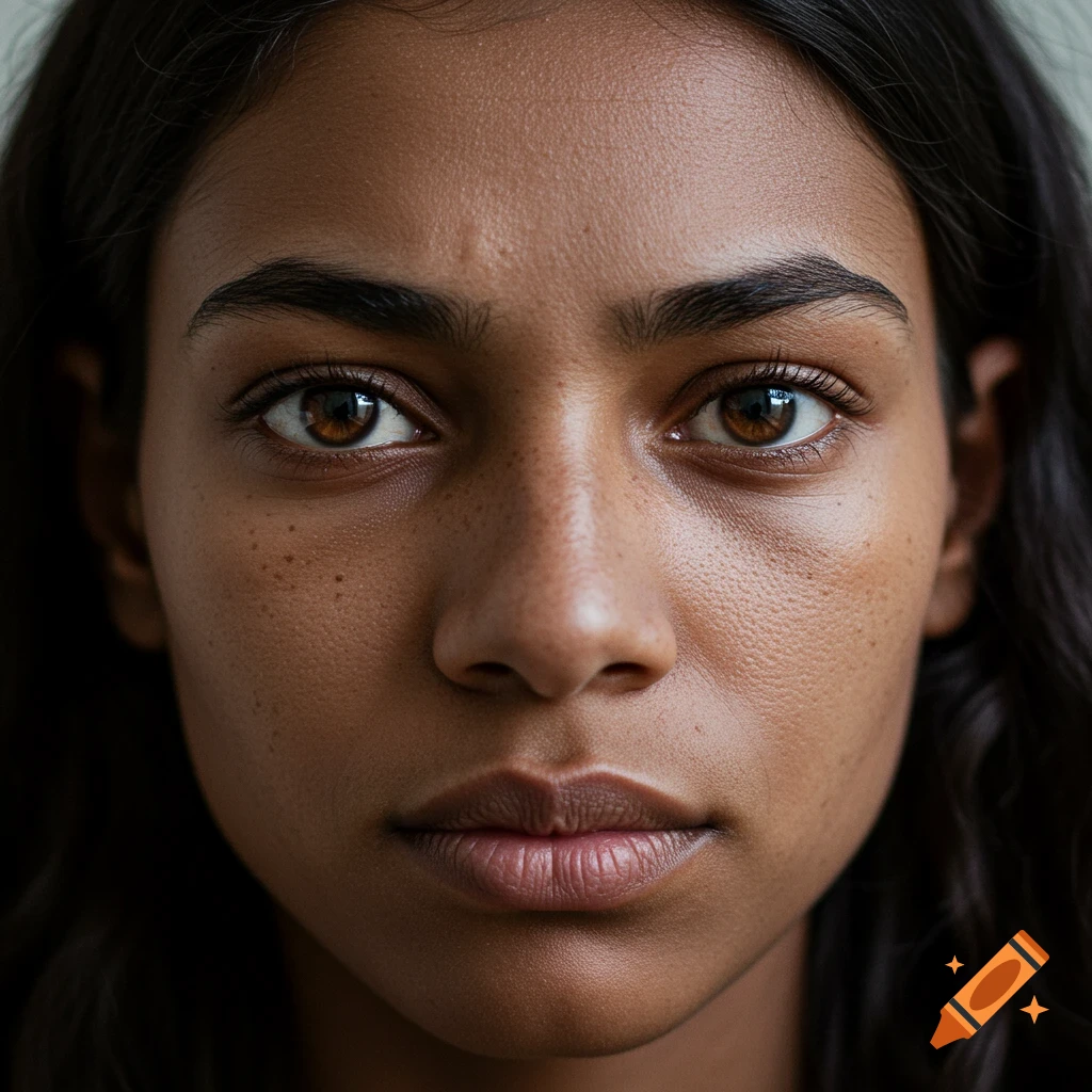 Close-up portrait of a young woman with dark skin and brown eyes.