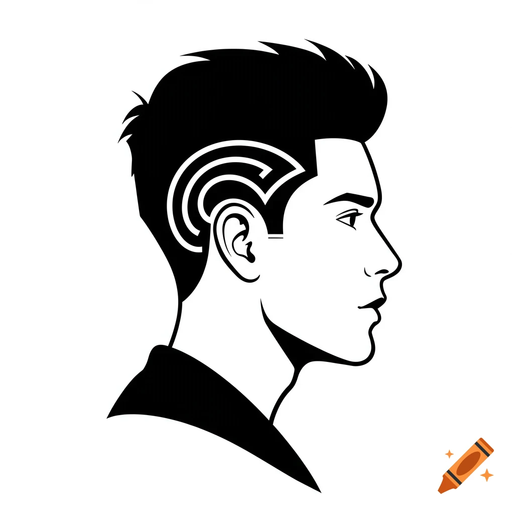 Black and white vector illustration of a man's profile with a stylized 'C' shaved into his hair.