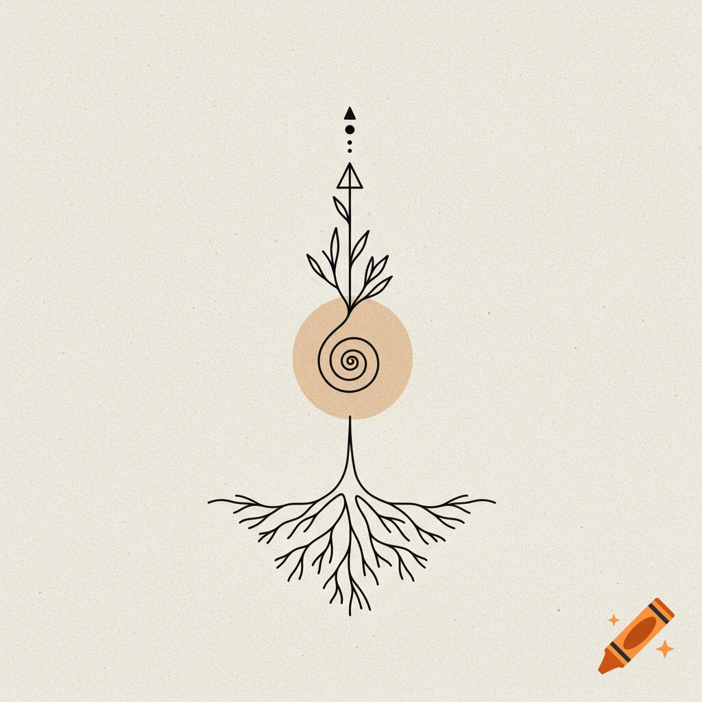 Minimalist line art symbol of roots, a spiral, leaves, and an upward pointing triangle on a beige background.