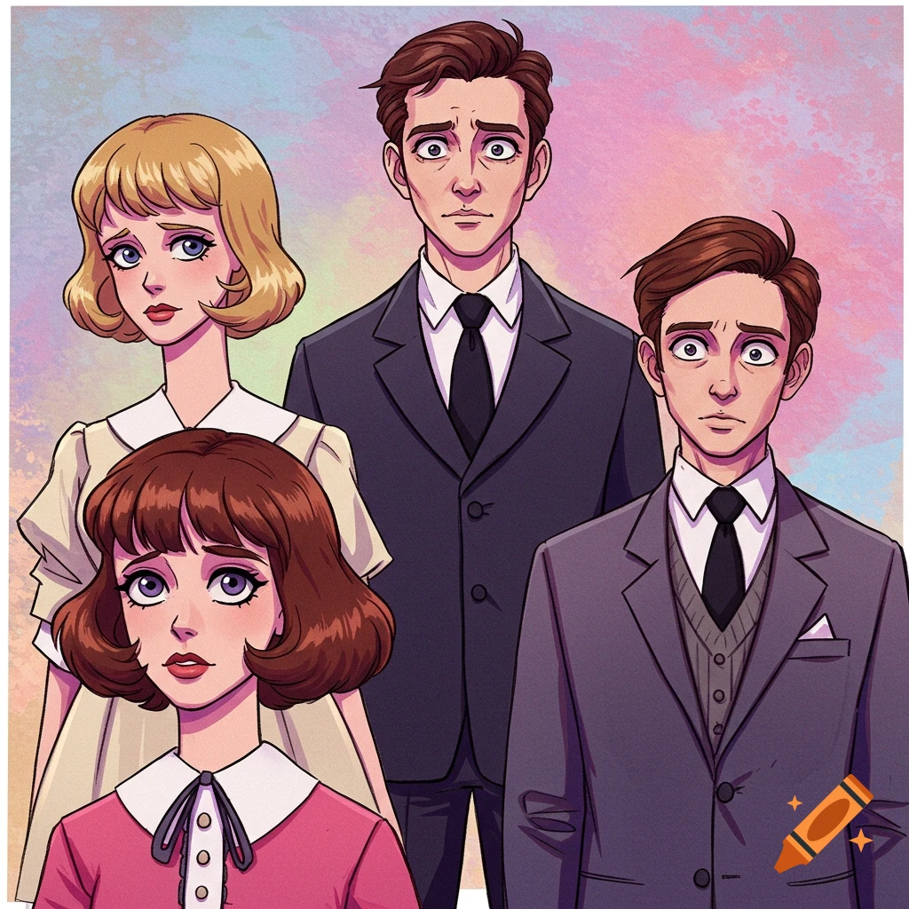 Stylized anime style showing four wide-eyed people