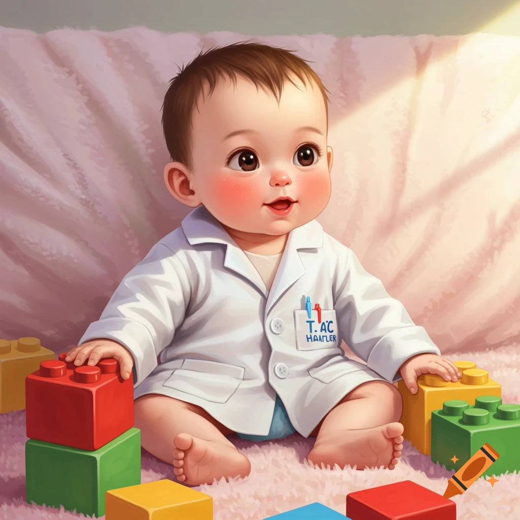 A cute baby in a white doctor's lab coat sits among colorful building blocks.