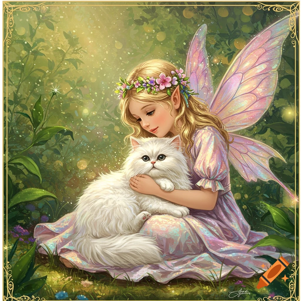 A fairy girl is holding a fluffy white cat in a forest.