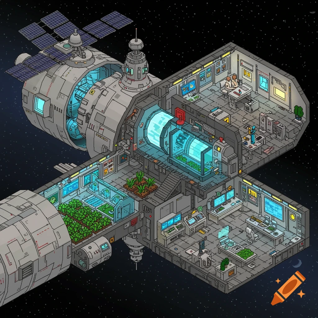 Isometric pixel art cutaway of a futuristic space station interior with labs, gardens, and a reactor.
