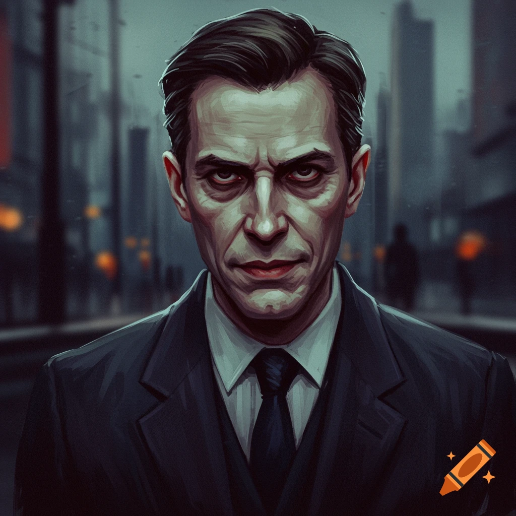 A stern man in a dark suit stands against a blurred city background.