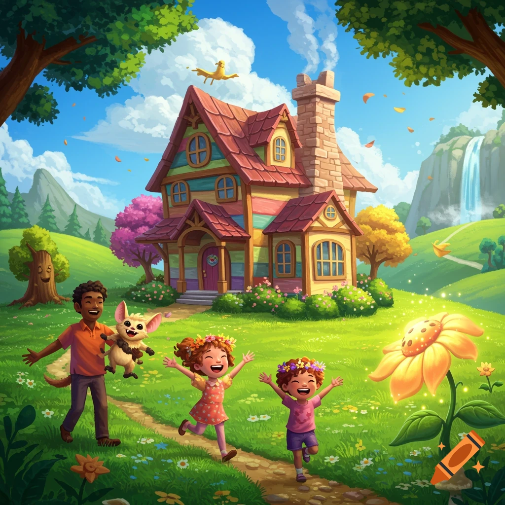 A diverse family runs towards a colorful fantasy cottage in a bright, whimsical landscape with a glowing flower, waterfall, and talking tree.