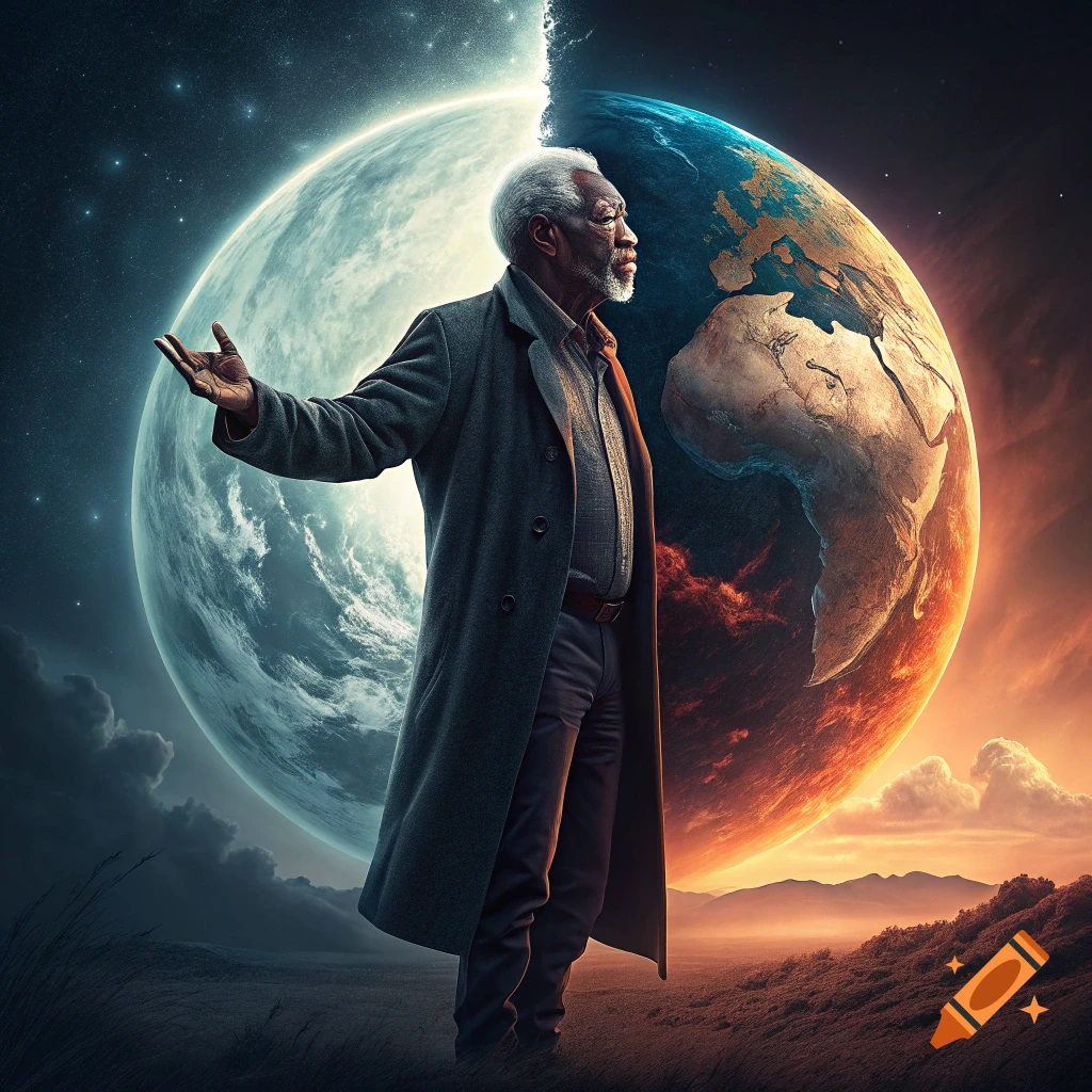 Person stands before planet split between starry space and fiery earth in a surreal landscape.