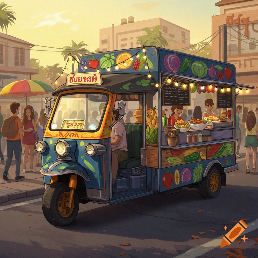 A tuk-tuk food truck on a street with people walking