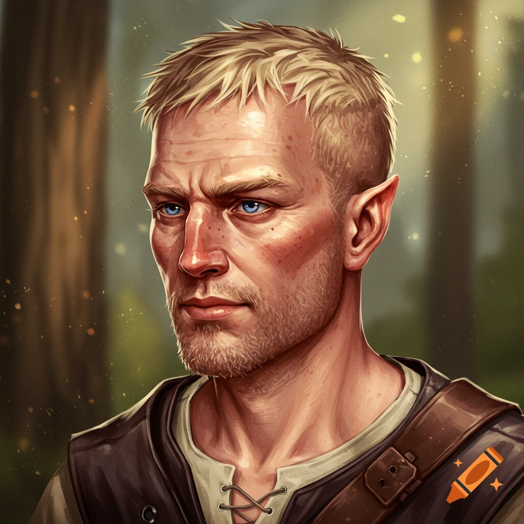 Portrait of a fantasy character with short blond hair, blue eyes, stubble, and pointed ears, looking stern.
