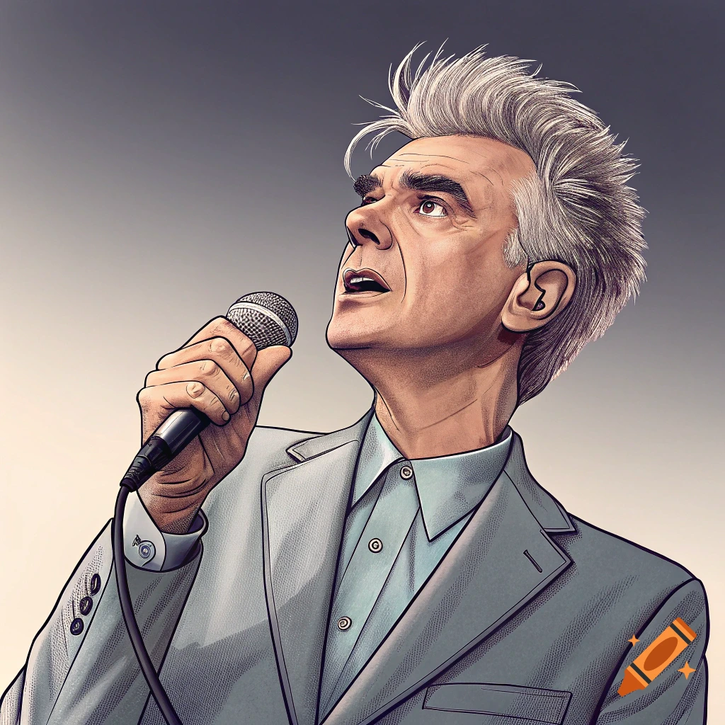 A stylized illustration of a man with gray hair singing into a microphone.
