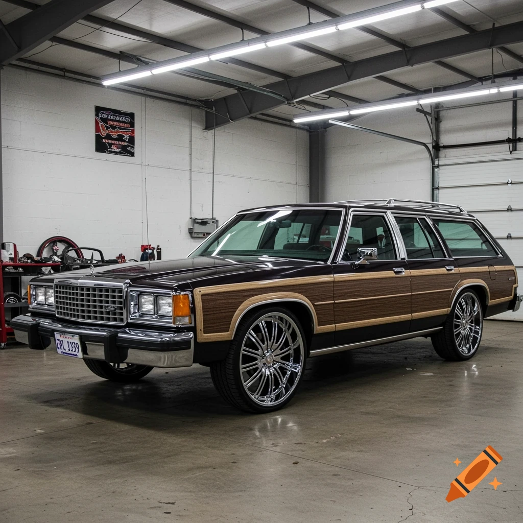 A dark classic station wagon with wood paneling and chrome wheels parked in a garage.