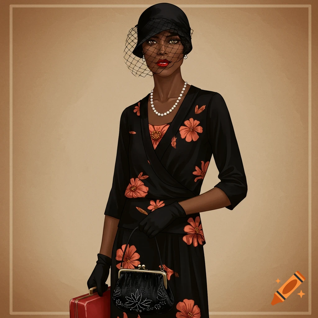 A Black woman in 1920s fashion, wearing a black dress with orange flowers, a veiled hat, pearl necklace, gloves, holding a black purse and a red case.