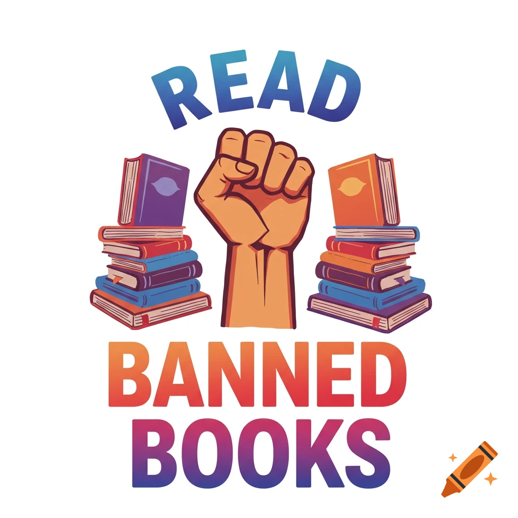 Illustration of a raised fist between stacks of books with the text 'READ BANNED BOOKS'.