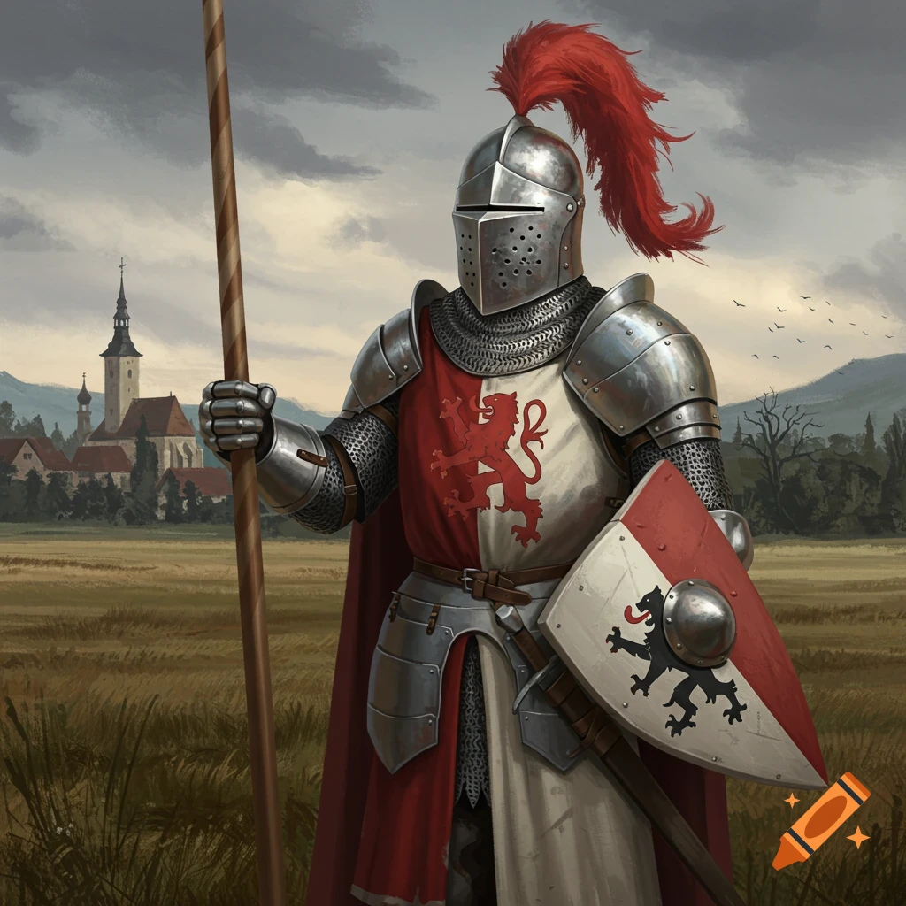 A knight in full plate armor, wearing a crested helm and a tabard, stands in a field holding a shield and a spear. In the background, a village and church are visible.