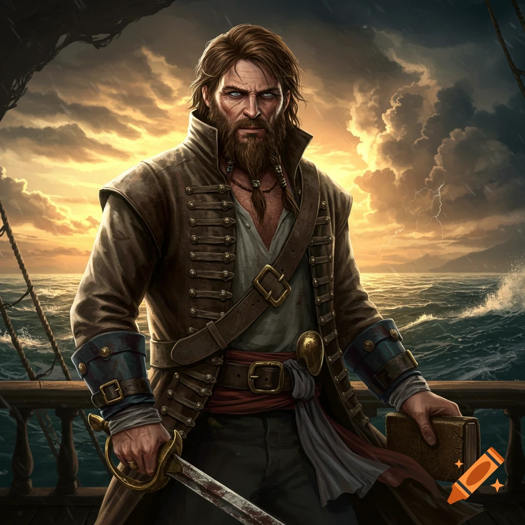 A portrait of a rugged pirate captain standing on a ship's deck with a sword and book, against a dramatic stormy sky.