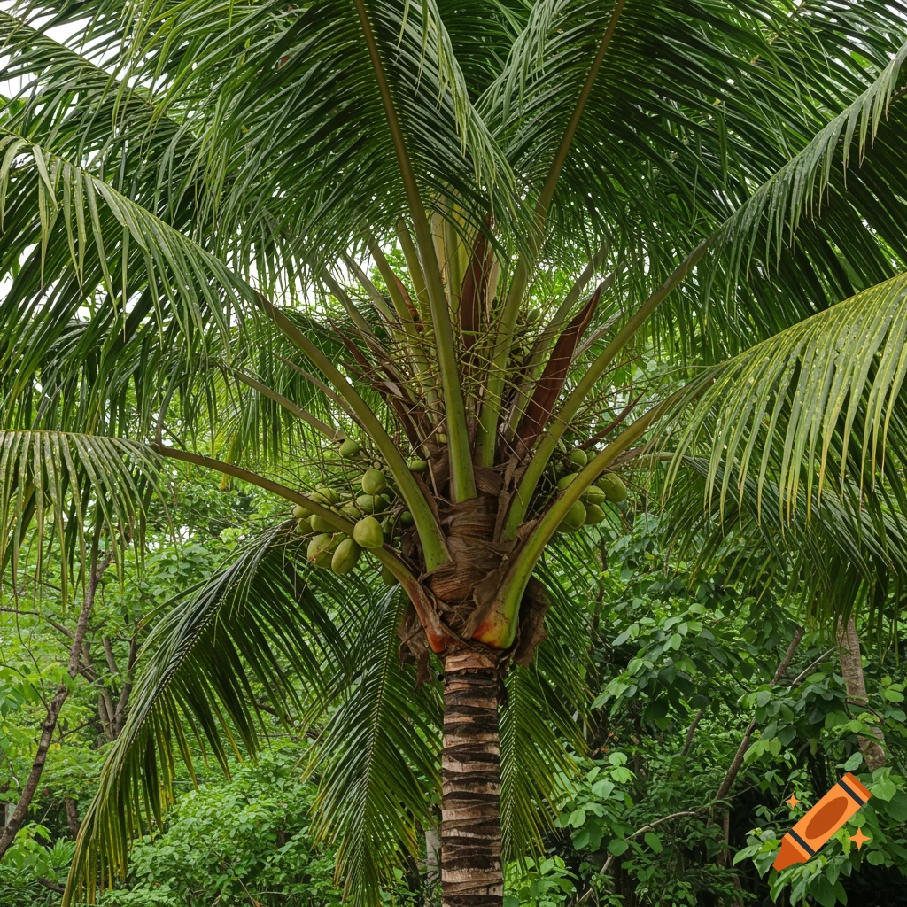 A photorealistic image of a palm tree heavy with green coconuts against a background of lush green jungle foliage.