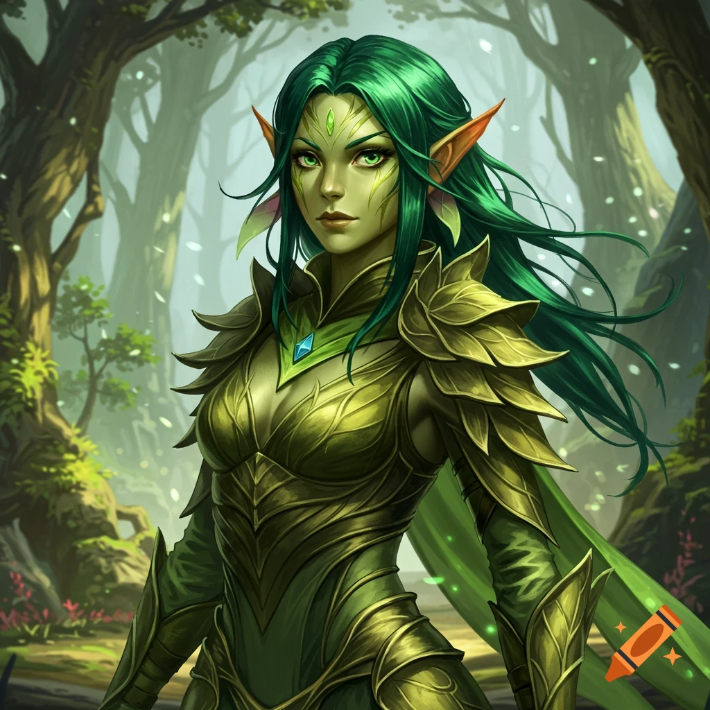 A green-skinned female elf character in elaborate green and gold armor stands in a misty forest.