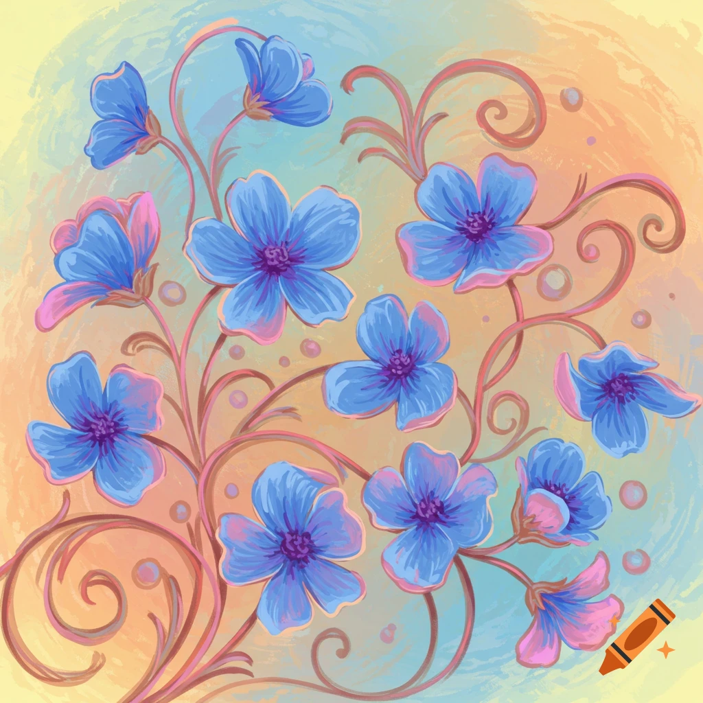 Image of intertwining blue wildflowers and swirling vines on a colorful background.