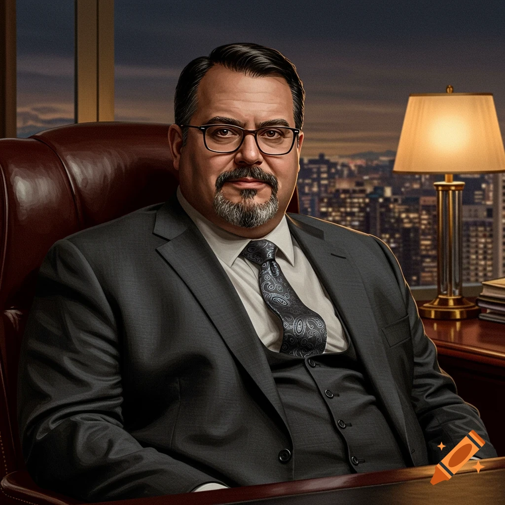 A businessman in a suit sitting at a desk with a city view at night.
