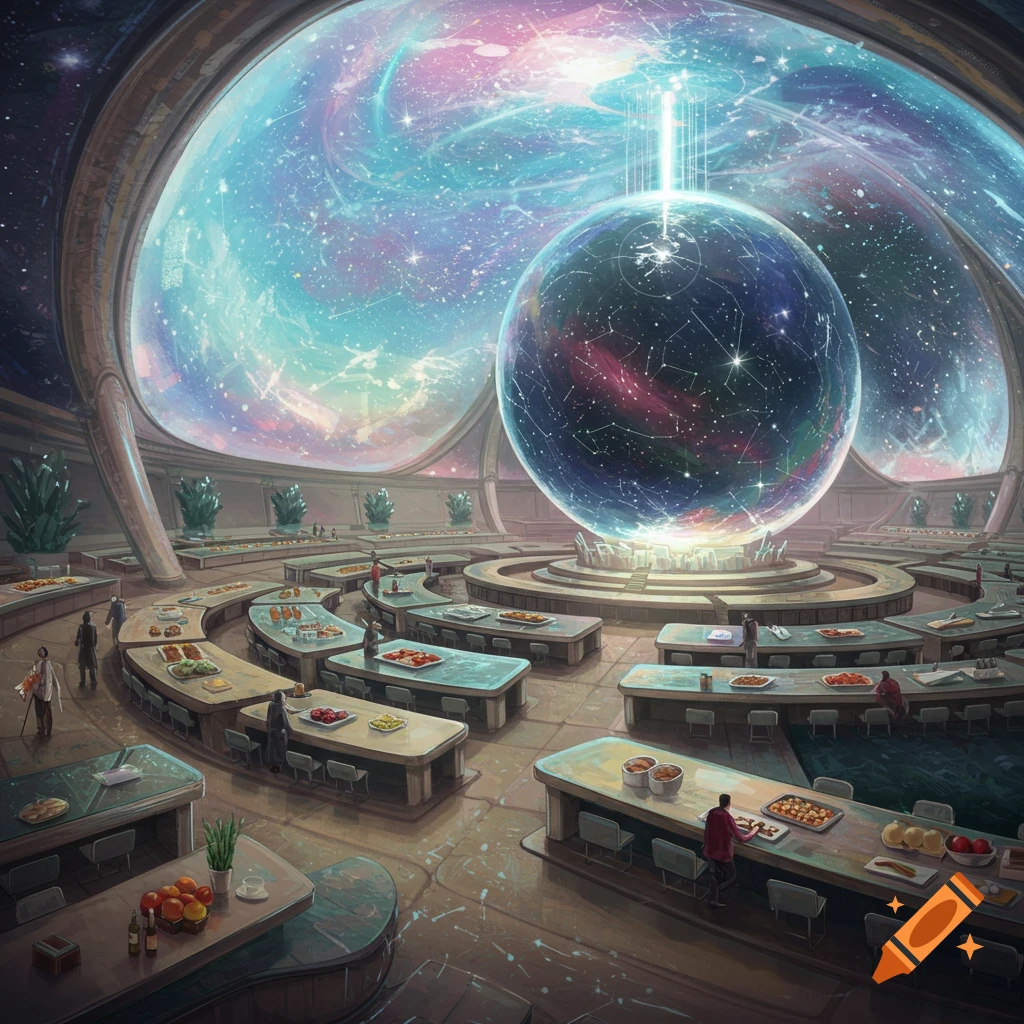 A vast, futuristic cafeteria inside a space station with a large spherical display of constellations.