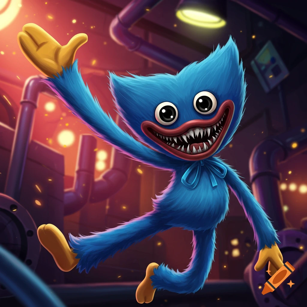 Blue furry monster Huggy Wuggy waving in industrial setting.