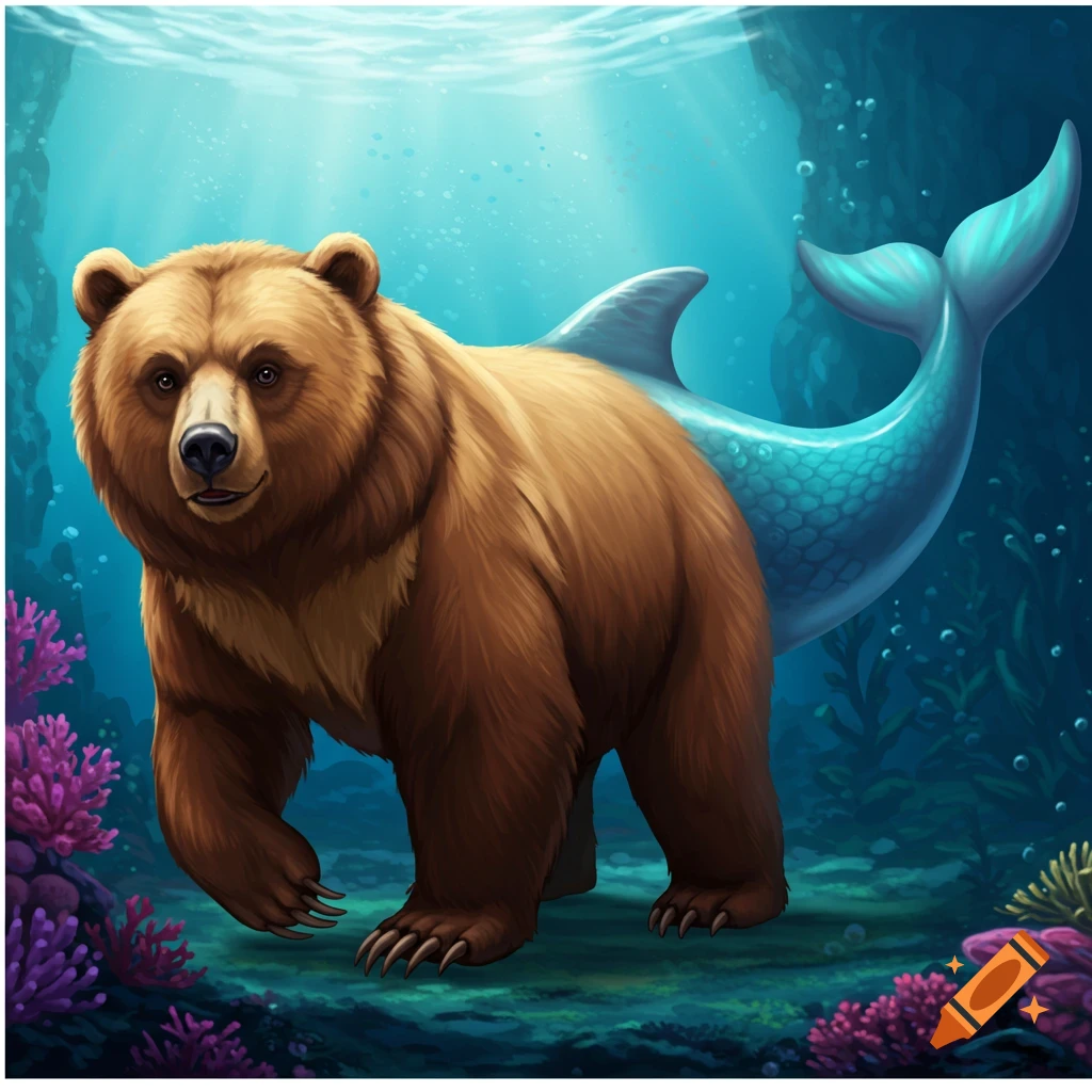 A brown bear with a dolphin tail stands on the ocean floor