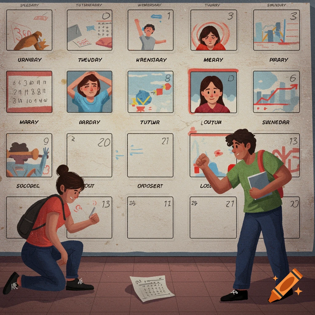 An illustration of a large wall calendar. Each day box shows a small scene. One student kneels sketching, another stands cheering beside it. The calendar text is nonsensical.