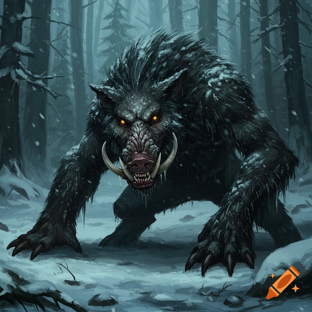 A scary, monstrous boar-like creature in a snowy forest.