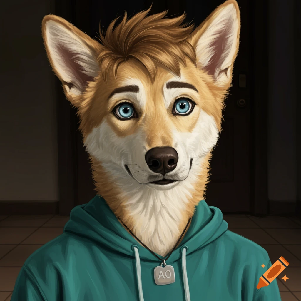 A friendly anthropomorphic dog character with tan and cream fur, blue eyes, and tousled hair, wearing a teal hoodie and necklace, indoors.