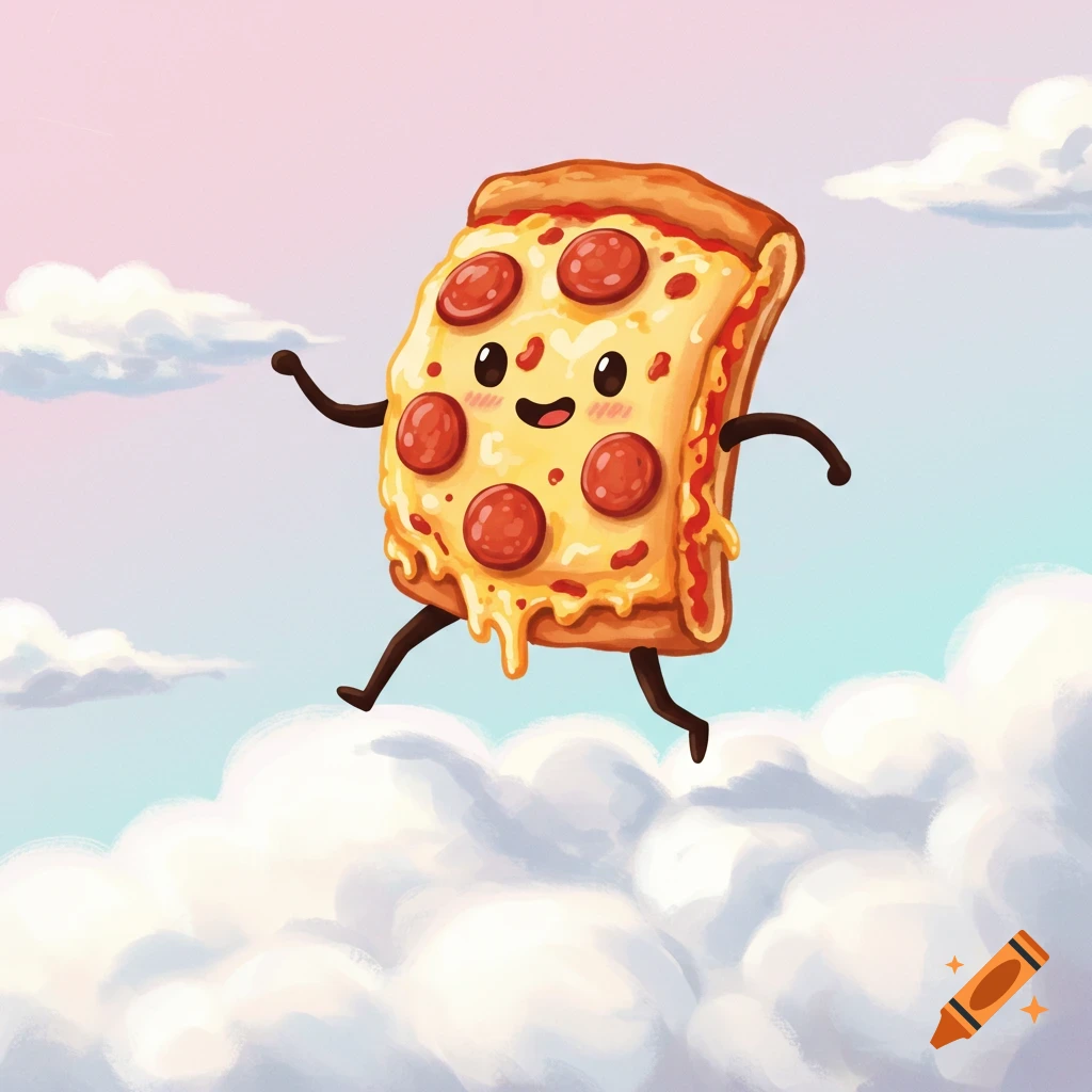 A cartoon slice of pepperoni pizza with arms and legs dances on white clouds in a pastel sky.